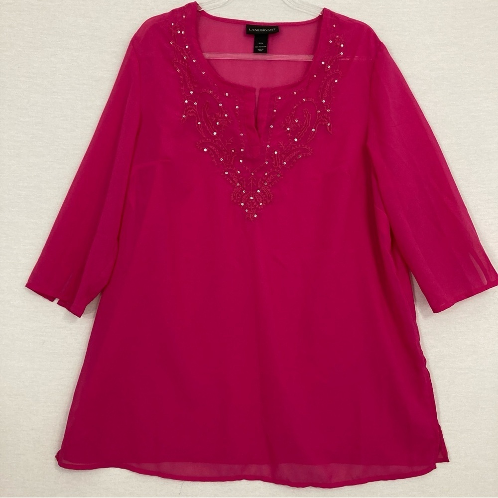 Lane Bryant Pink Sheer Embroidered Sequins‎ Soft Flowy Chiffon Top size 14/16